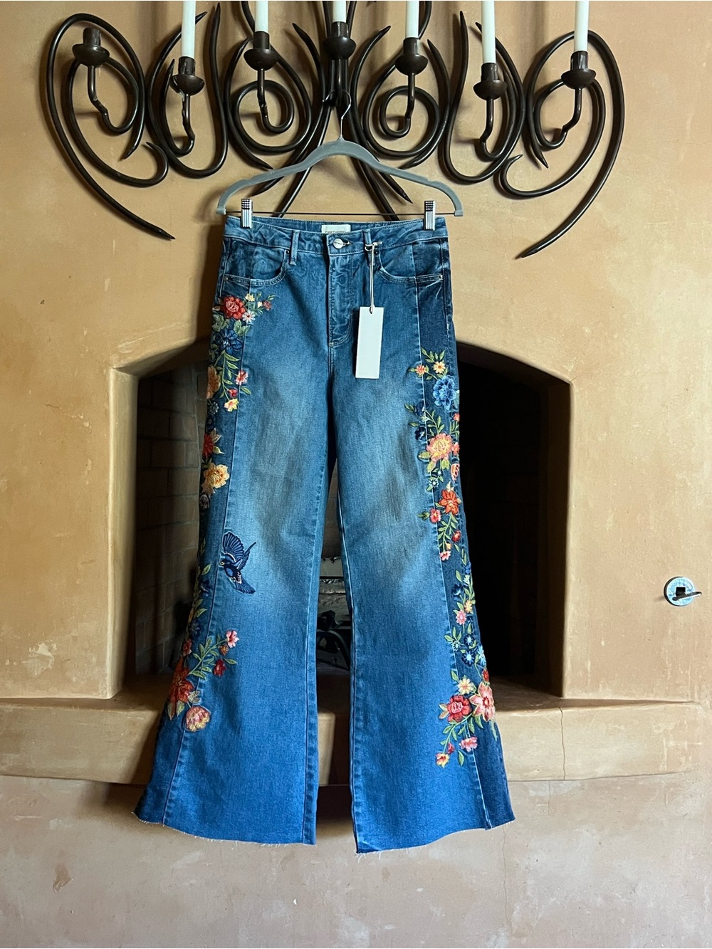 DRIFTWOOD Blue Embroidered Floral Flare Jeans